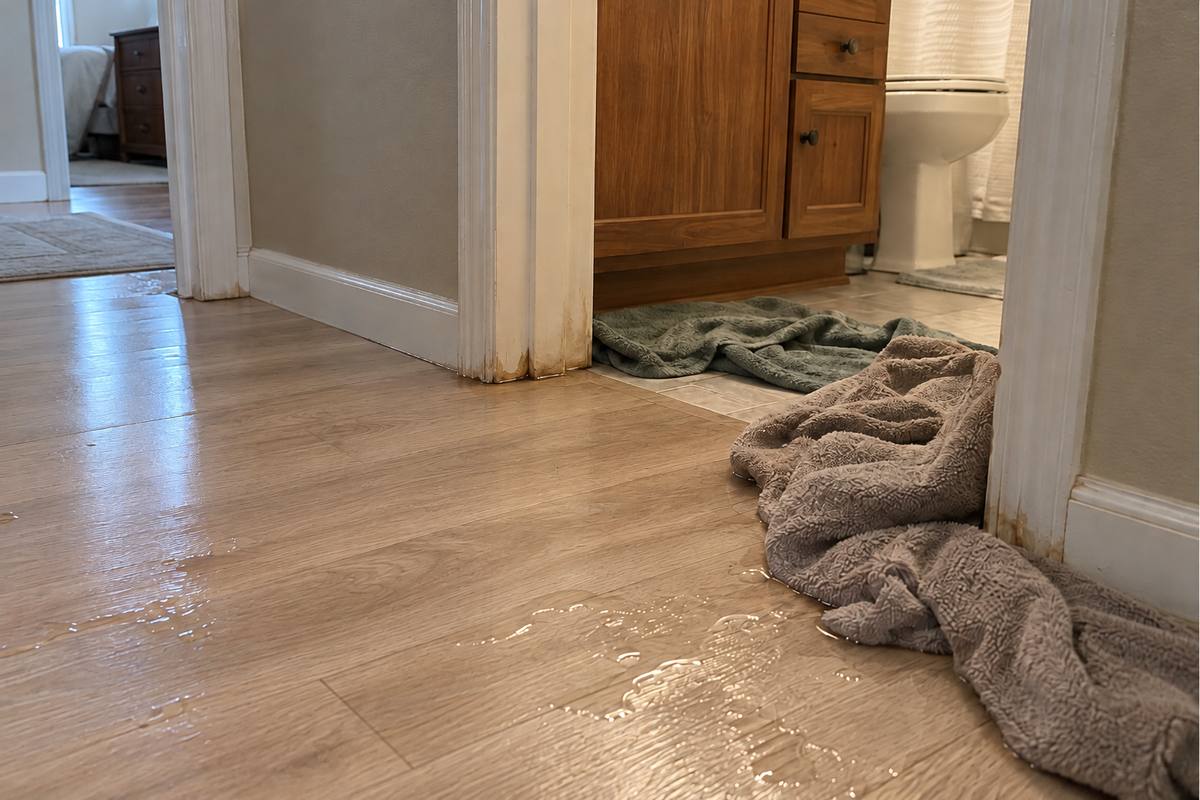 Water spread across a laminate hallway floor from under a bathroom vanity, with towels down and water-stained door trim