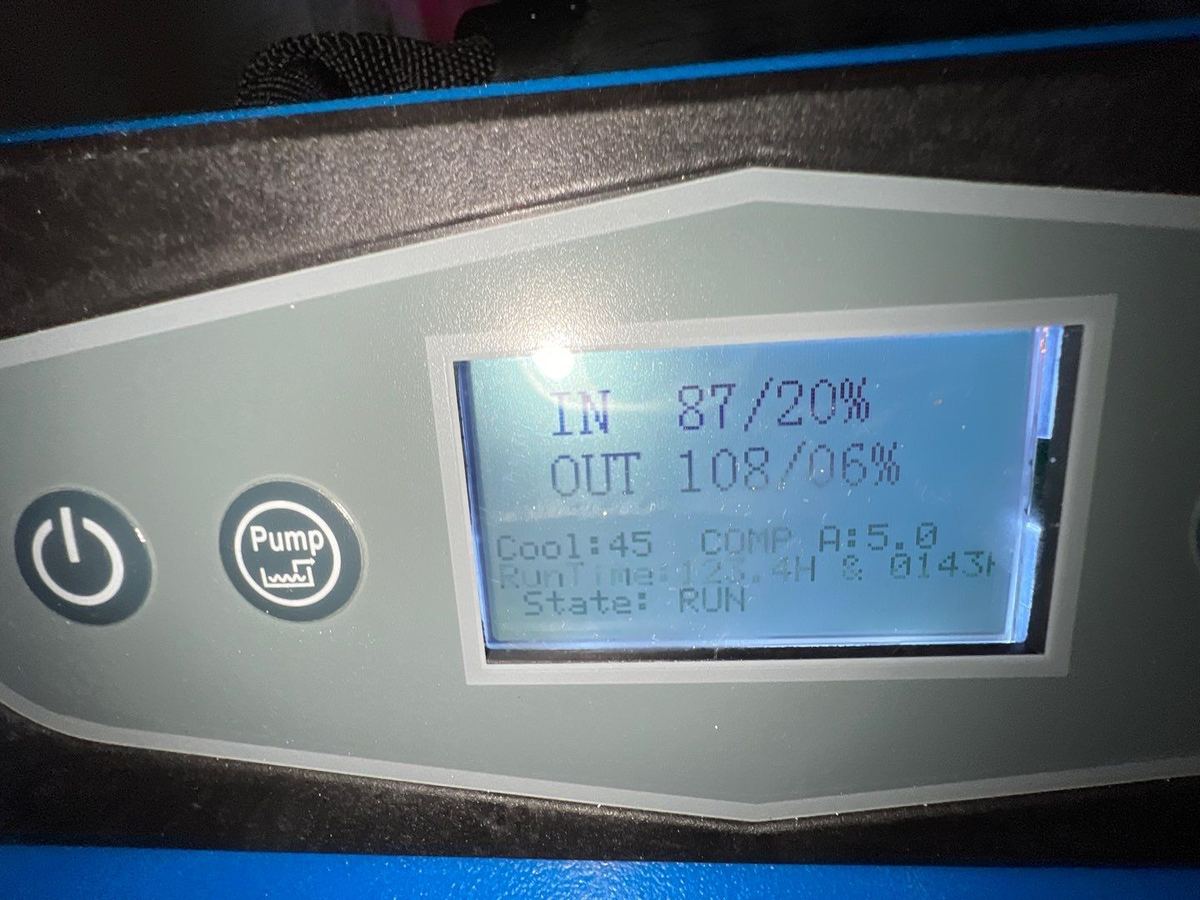 Dehumidifier display showing temperature and humidity readings during laundry room drying