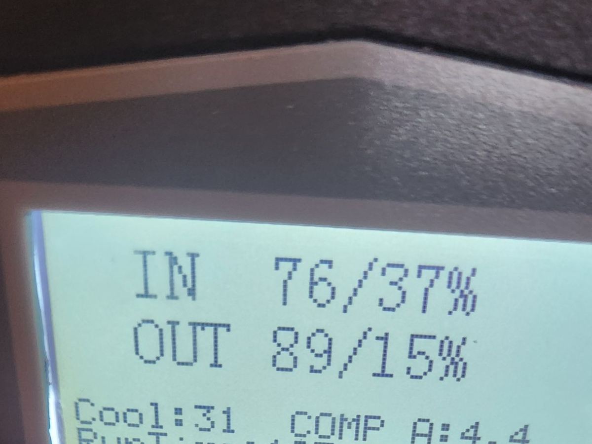 Dehumidifier display showing intake and output temperature and humidity readings during a drying job