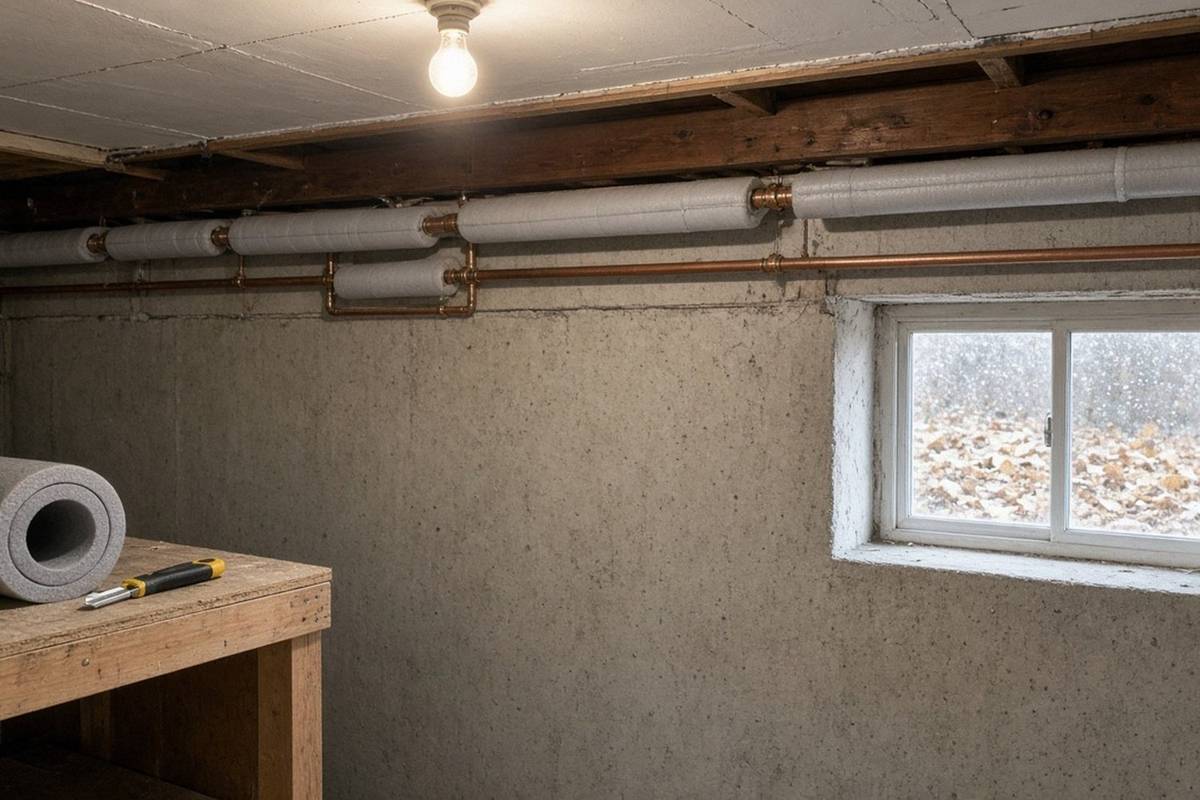 Exposed water pipes along the ceiling of an unfinished basement near a window