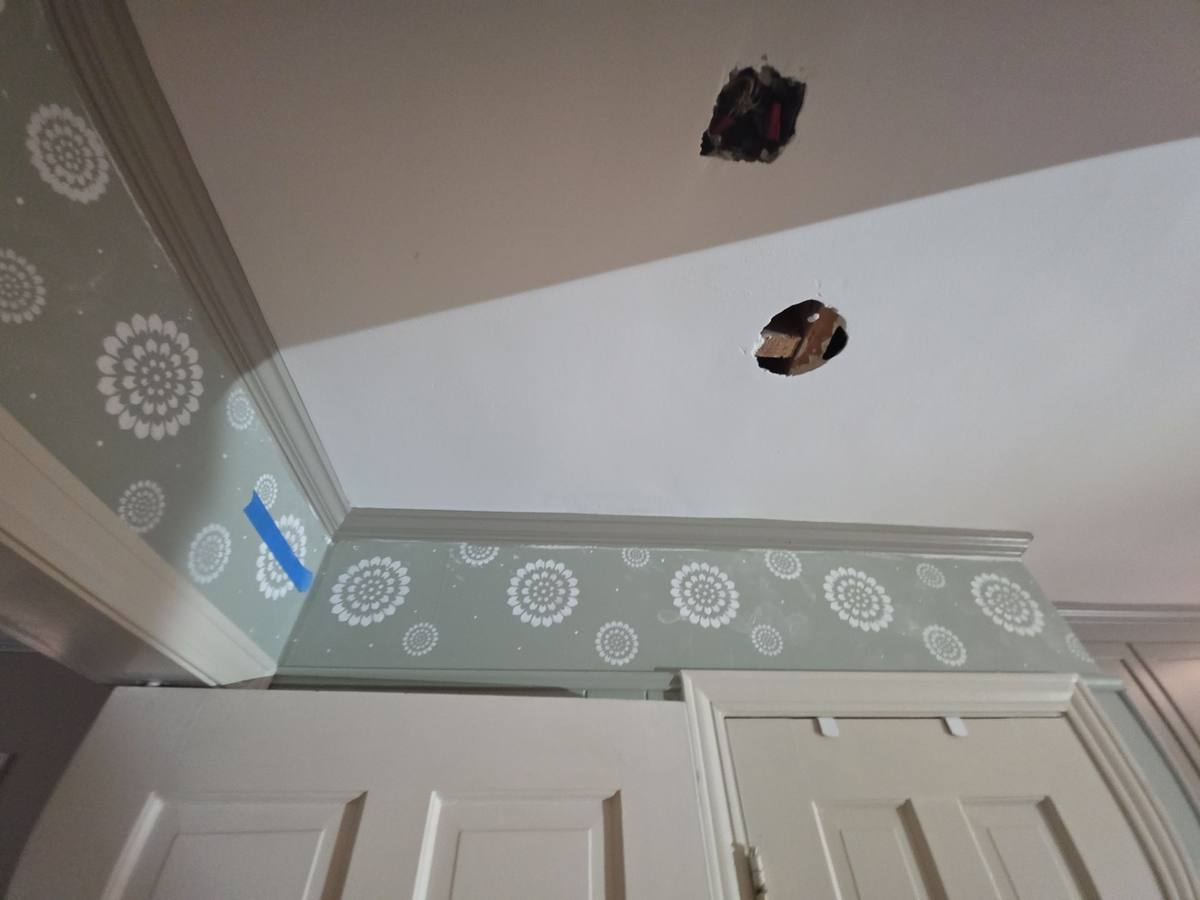 Ceiling access holes cut below a bathroom leak, with wiring visible in the cavity