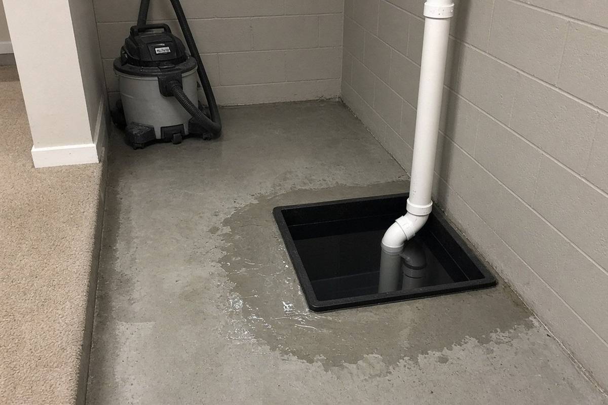 Sump pit with discharge pipe and water spread across a basement floor