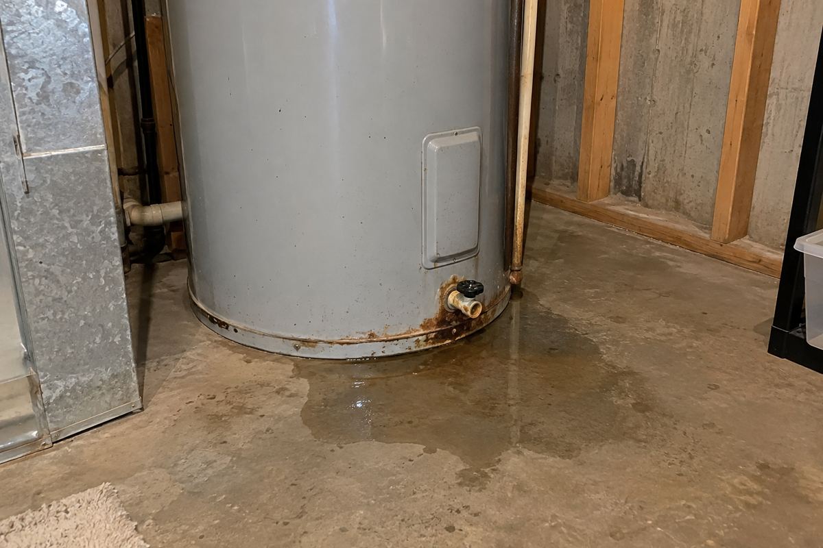 Tank water heater with rust at the drain valve and water pooling on an unfinished basement floor