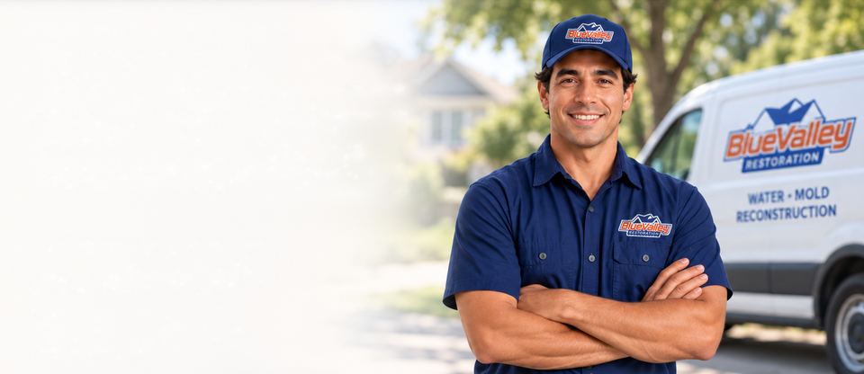 Blue Valley Restoration technician standing in front of a branded service van