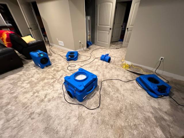 Dehumidifier and air movers drying a finished basement after a sump pump failure in Lee’s Summit, MO