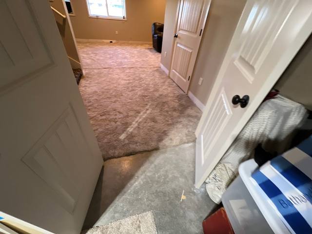 Wet carpet pad removed from a finished basement after a sump pump failure in Lee’s Summit, MO