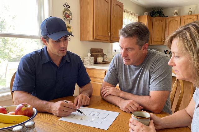 Technician sketching a floor plan at a kitchen table while two homeowners look on